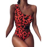 Maillot de Bain Leopard à Manche Unique & Découpe Latérale Rouge | Leopard Plus